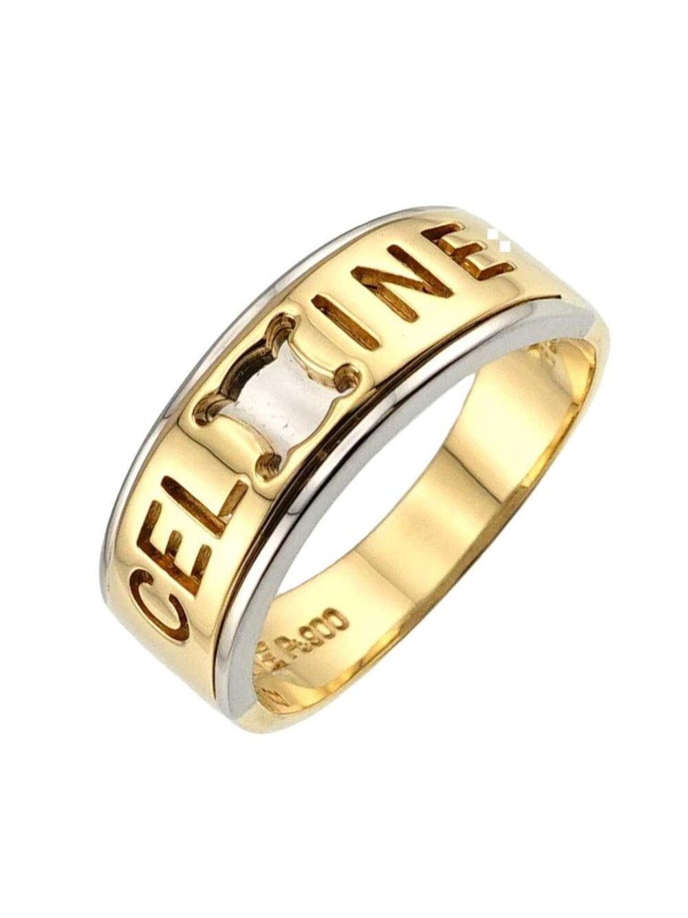 Celine Ring 18k YG Yellow Gold 750 Pt Platinum Logo